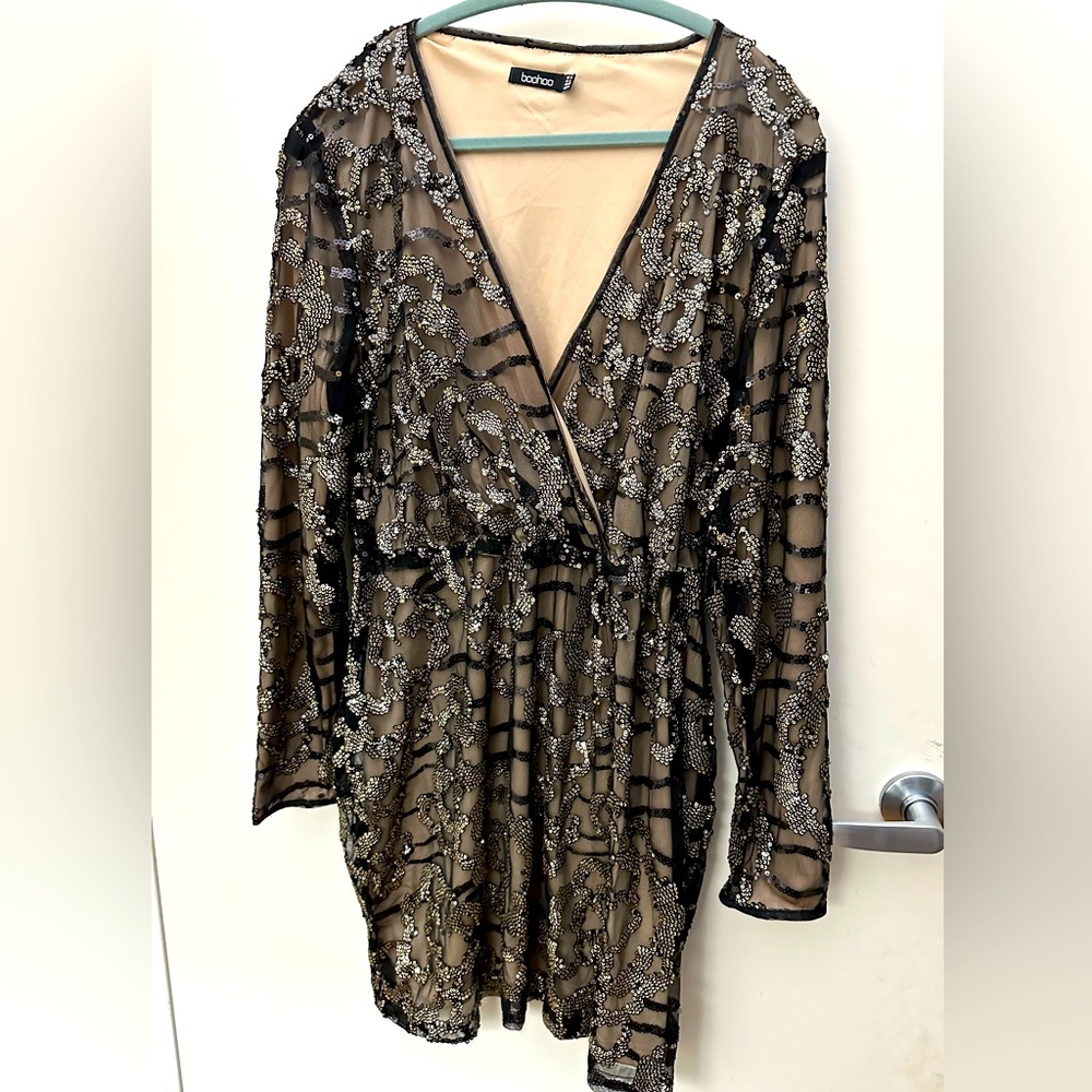 Boohoo Plus Two Tone Wrap Sequin Dress